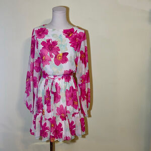 Flying Tomato Women’s Pink Floral Ruffle Long Sleeve Dress S